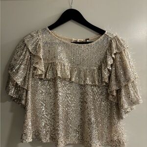 Free People Cream Gold Sequin Ruffled Blouse